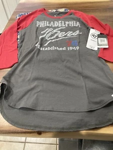 WOMENS 47 BRAND PHILADELPHIA 76ERS SIXERS LONG SLEEVE SHIRT M MED GRAY/RED NWT - Picture 1 of 6