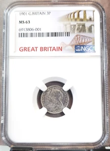 1901 GREAT BRITAIN 3 PENCE QUEEN VICTORIA NGC MS 63 BEAUTIFUL COIN - Picture 1 of 3