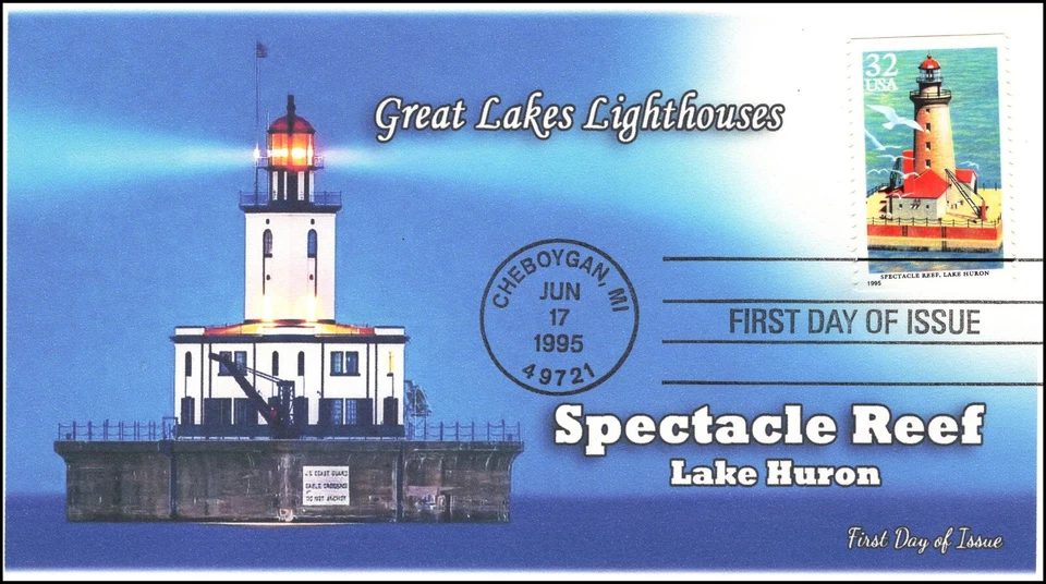 AO-2971,1995, Great Lakes Lighthouses, FDC, Add-on Cachet, Spectacle Reef, Lake - Image 1 of 1