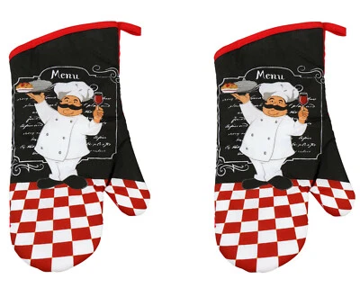 HOME COLLECTION SET 2 Fabric Printed Kitchen Oven Mitts Mittens Gloves CHEF Red White Checker