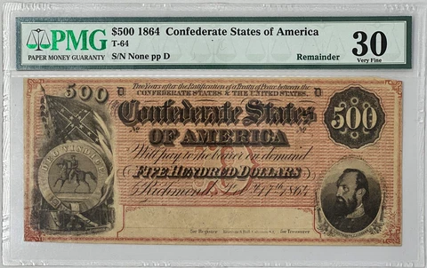 Confederate T-64 $500 REMAINDER NOTE Unsigned-Unissued: Rare/possibly unique? Cover