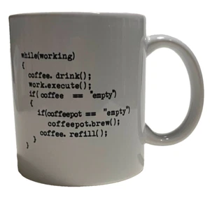 White Ceramic Mug 11oz with computer text Programmer Coder " coffe.drink(); " - Picture 1 of 2