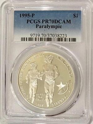 1995-P XXVI Olympiad Paralympic Blind Runner Silver Dollar PCGS PF-70 DCAM - Image 1 of 4