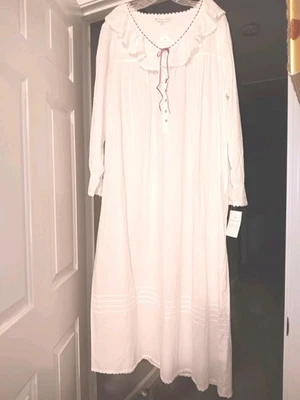 NUEVO CON ETIQUETAS Camisón Largo Algodón Eileen Fisher XL Cinta Blanca y Rosa @ Cuello Largo Slv Foto 1 de 4