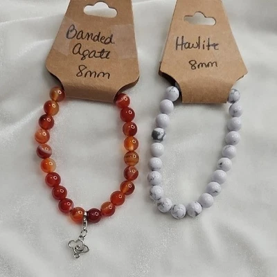 Natural Stone 8mm Stretch Bracelets Agate Howlite Clip On Charm Lot of 2 - Image 1 of 4