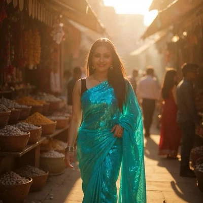 Mujer Indio Bollywood Diseñador Fiesta Ropa Sari Lentejuelas Georgette Gasa Sari Foto 1 de 4