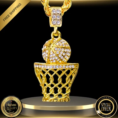 14k Gold Tone Iced Luxury CZ Basketball Hoop Sports Pendant + 24" Rope Chain - Image 1 of 4