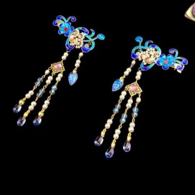 2pcs Ancient Women Girl Hanfu Tassel Blue Step Shake Hairpin Alloy Headdress - Image 1 of 4