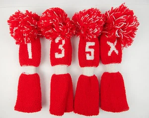 True Vintage Red & White Knit Golf Pom Pom Headcovers 1,3,5,X Colors Inside too! - Picture 1 of 7
