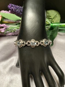 925 Silver - Vintage Shiny Blue Facet Topaz & Marcasite Tennis Bracelet - Picture 1 of 11