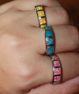 fire opal ring silver gems jewelry 6 6.5 7.5 engagement cocktail wedding band H6 - Picture 1 of 10