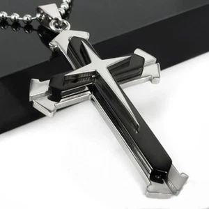 Unisex Men Black Silver Stainless Steel Cross Pendant Necklace Chain Nice Gifts - Picture 1 of 8