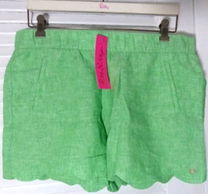 LILLY PULITZER Brea Linen Shorts "WHITE X GECKO GREEN" Size Large NWT - Picture 1 of 4