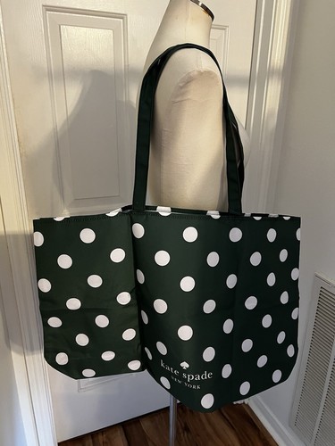 Borsa tote Kate Spade grande riutilizzabile verde a pois tela pieghevole NUOVA