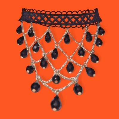 GARGANTILLA BABERO RED NEGRA Y DORADA cadena de encaje collar gótico con cuentas nuevo N3 Foto 1 de 3