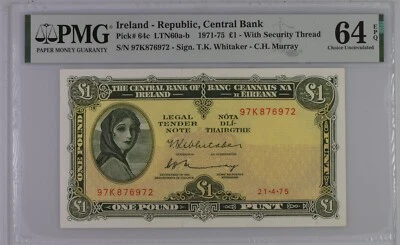 Consecutive PAIR Ireland 1 pound Lady Lavery P64c Irish 21.4.75 PMG 64EPQ UNC - Image 1 of 4