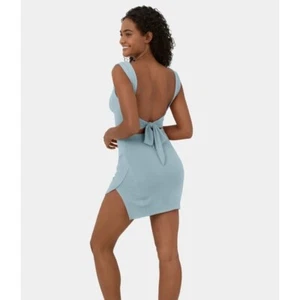 Halara Ruched Backless Tie Back Split Hem Bodycon Mini Dress Sterling Blue XL - Picture 1 of 6
