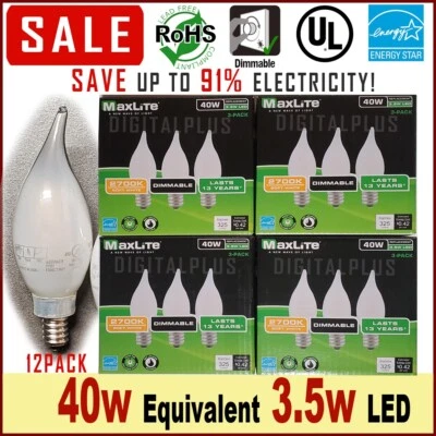 12pack BA10 E12 Candelabra LED Light Bulb 2700k 40W 300L Equivalent C12 Dimmable - Image 1 of 4