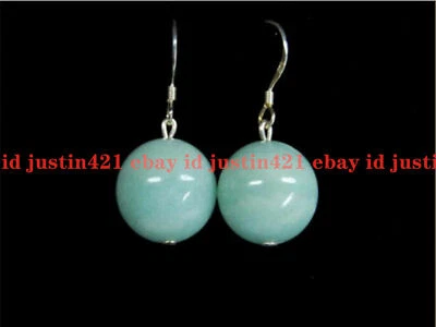 Natural 10/12mm Light Blue Amazonite Gems Spherical 925 Silver Hook Earrings AA - Image 1 of 4