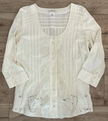 LaROK Silk Blend Women’s 3/4 Sleeve Button Up Blouse Size Large Off White - Image 1 of 4