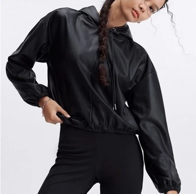 FABLETICS Vegan Leather Hoodie Pullover Black Size Medium - Image 1 of 4
