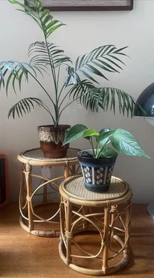 Vintage Nesting  Cane Wicker Tables Plant Stands Petite X 2 - Image 1 of 4