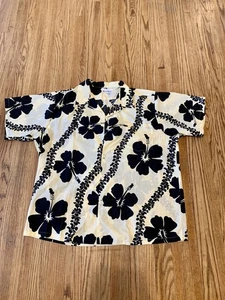 VTG Hawaiian Shirt Made in Hawaii USA 3XL Cotton Black Cream Floral Button Short - Picture 1 of 11