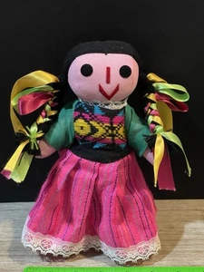 Muñeca Mexicana 9” Niña Hecha a Mano De Colección Piernas Articuladas Cintas Coloridas Peluche - Imagen 1 de 9