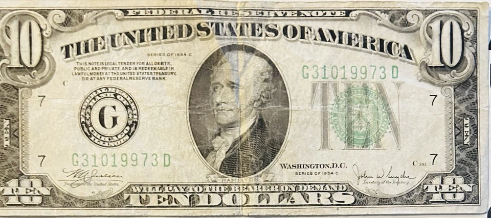 1934-A $10 TEN DOLLARS FRN FEDERAL RESERVE NOTE CHICAGO - Image 1 of 4