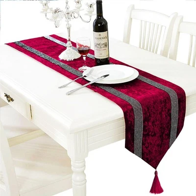 Sequin Table Runner Modern Table Runner with Tassels Table Runners Burgundy f... - Image 1 of 4