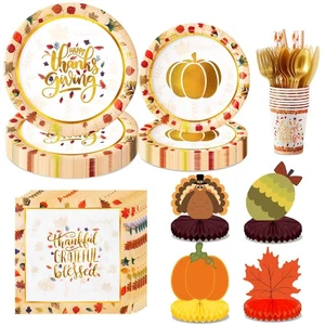 196 PCS Thanksgiving Plates and Napkins Dinnerware Sets, Thanksgiving Paper D... - Picture 1 of 7