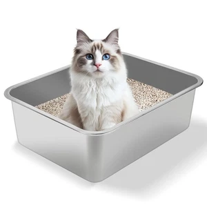 Katzentoilette aus Edelstahl - Katzenklo aus Metall mit hoher Seite, großer Edelstahl... - Bild 1 von 6