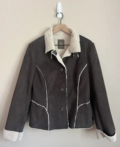 Old Navy Sherpa Suede Jacket Coat Faux Button Womens Size Large Brown - Picture 1 of 5