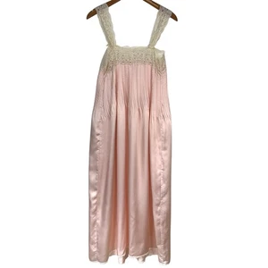 Vintage 1960s Miss Dior Light Pink Lace Trim Satin Maxi Sleep Gown Size Small - Picture 1 of 11