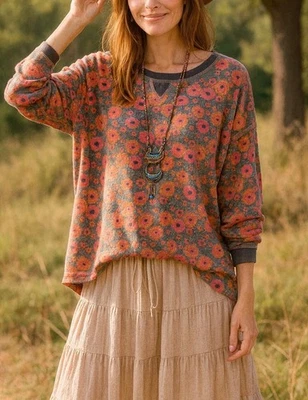 Top Natural Life Floral Tejido Gofre Manga Larga L Boho Retro Estampado Floral Cómodo Foto 1 de 4