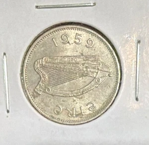 1959 Irland 6 Pence Kupfer Nickel Münze - 20,8 mm - Wolfshund - Irische Harfe - KM#13a - Bild 1 von 4