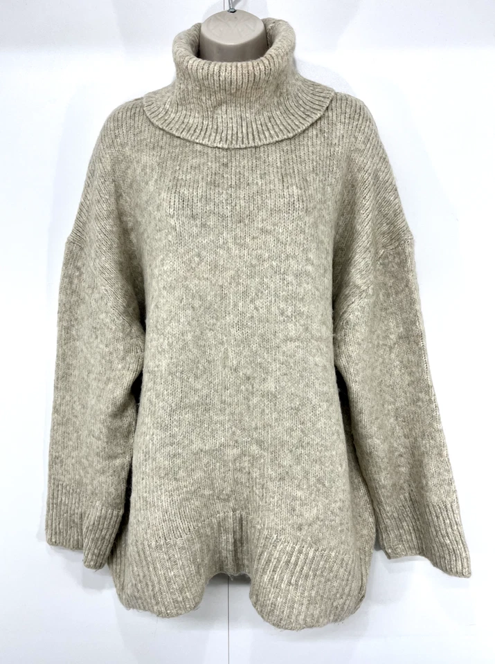 H&M Oatmeal ALPACA Blend Relaxed Fit Women's Chunky Roll Neck Jumper UK 16 18 XL - Image 1 of 4