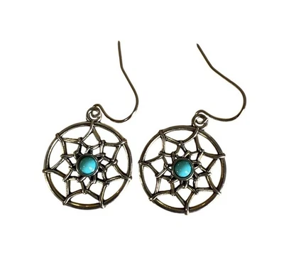 Dreamcatcher  Silver Tone Earrings  Turquoise Style Tone Southwestern Boho - Image 1 of 4