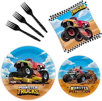 96 Piezas Platos y Servilletas Monster Truck - Monster Truck Decoraciones de Cumpleaños y Foto 1 de 4