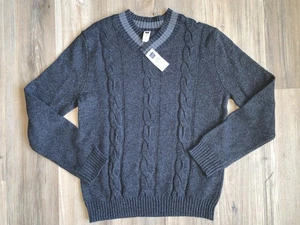 NWT GAP Mens Sweater Sz LARGE Grey V-Neck Long Sleeve Cable Knit Cotton Wool NEW - Picture 1 of 9