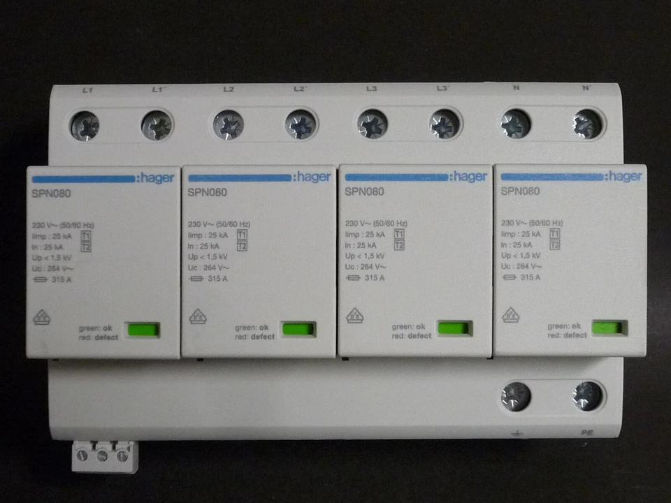 Hager SPN801R jinete combinado 4 polos tipo 1 + tipo 2 100 kA TN-S con contacto FM nuevo embalaje original