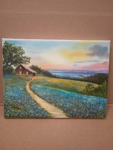 Beau tableau huile paysage Texas Bluebonnet original 12x9 - Photo 1/5