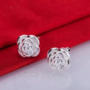 925 Sterling Silver Rose Flower Stud Earrings Women Girls Wife Girlfriend E64 - Picture 1 of 5