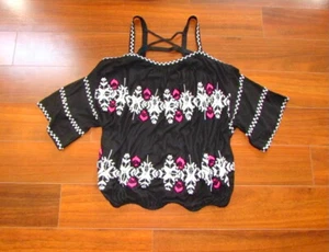 FREE PEOPLE ~ New! Small ~ Embroidered STRAPPY COLD SHOULDER Pullover Shirt a80 - Picture 1 of 6