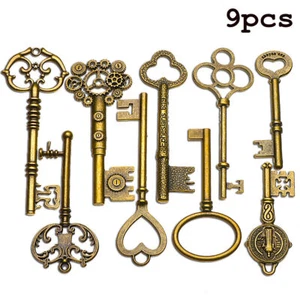 Groß Antik Vtg Alt Messing Skelett Schlüssel Menge Schrank Zylin 9PCS - Picture 1 of 8