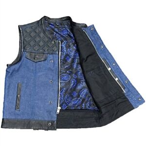 Men's Blue Denim & Leather Motorcycle Vest w/ Paisley Lining & Diamond Quilted