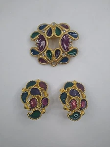 Juego de Pendientes Broche Vintage Esmalte Estrás Tono Dorado Lágrimas Multicolor - Imagen 1 de 6