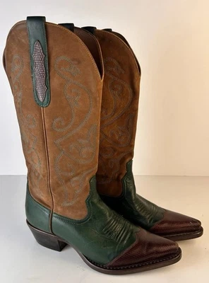Nine West Vintage Women  7 Western Boots Used Green And Camel Cowgirl - Image 1 of 4