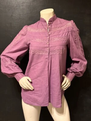 Gonzalo Bauer Girasol 复古波西米亚衬衫紫色农民蓬松长袖蕾丝 S — 第 1/4 张图片