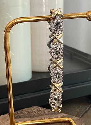 Antiga Pulseira de Elos de Coração XO 8" AMOR Prata Mista Tom Dourado Strass Acentos - Imagem 1 de 4
